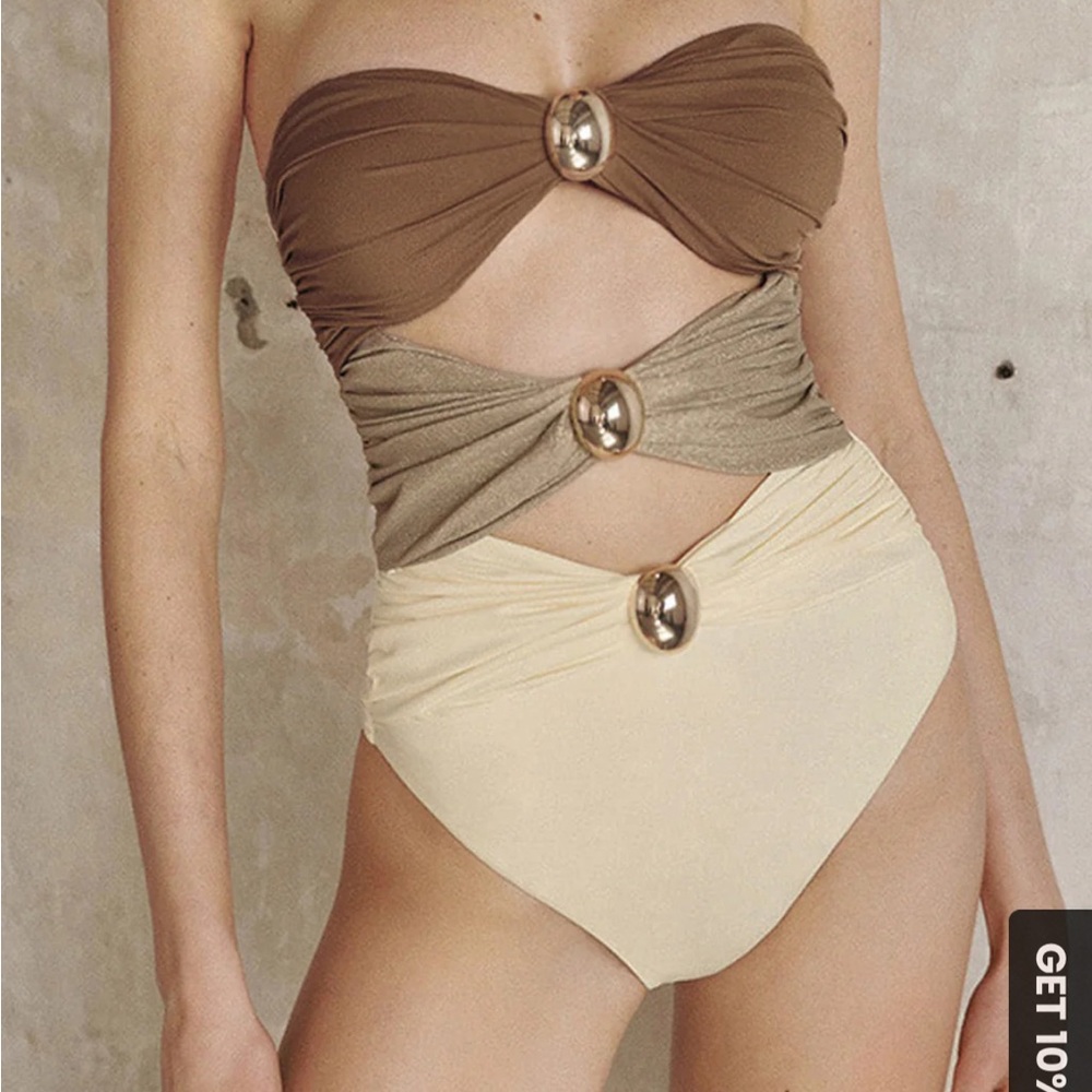 Elegant Brown and Cream Strapless Swimsuit